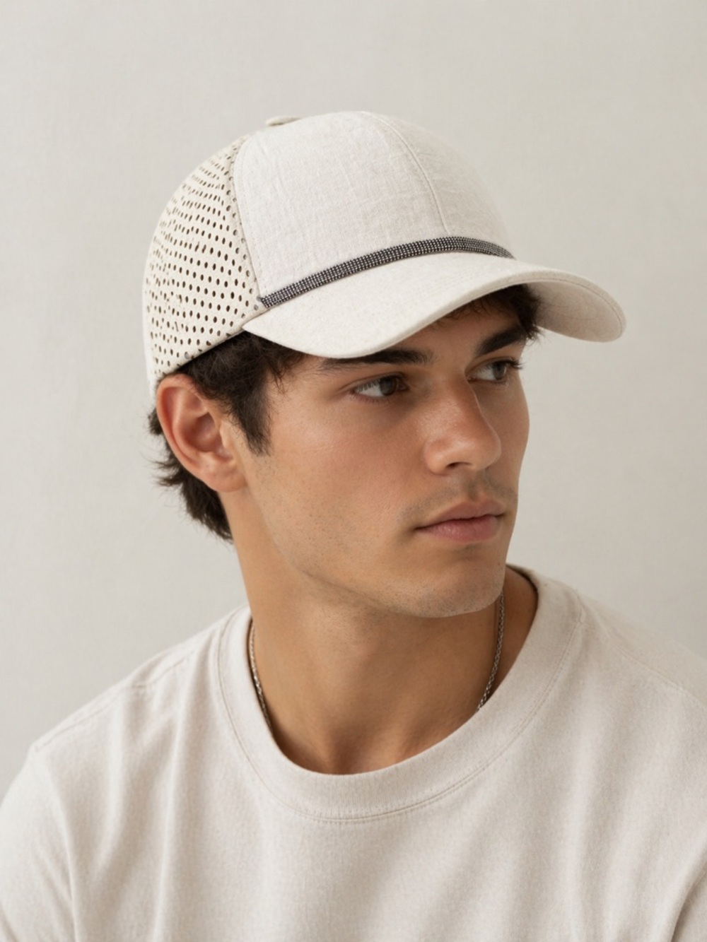Brunello Cucinelli Cream Linen-Blend Perforated suede cap
